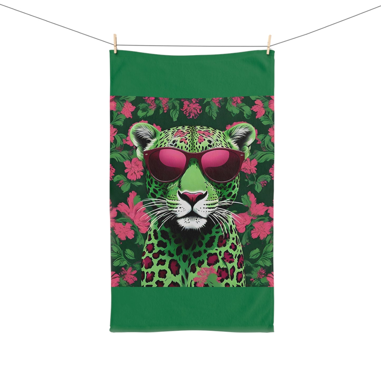 Hand Towel - Luxurious Ornate Elegant Lime Green & Burgundy Leopard In Sunglasses Design - Elegant Home Décor