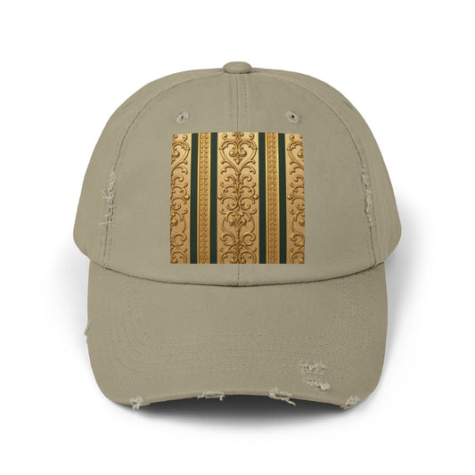 Chic Teal Striped Gold Baroque Distressed Cap with Vintage Design - Trendy Unisex Hat for Casual Wear, Gift for Fashion Lovers, Summer Accessory