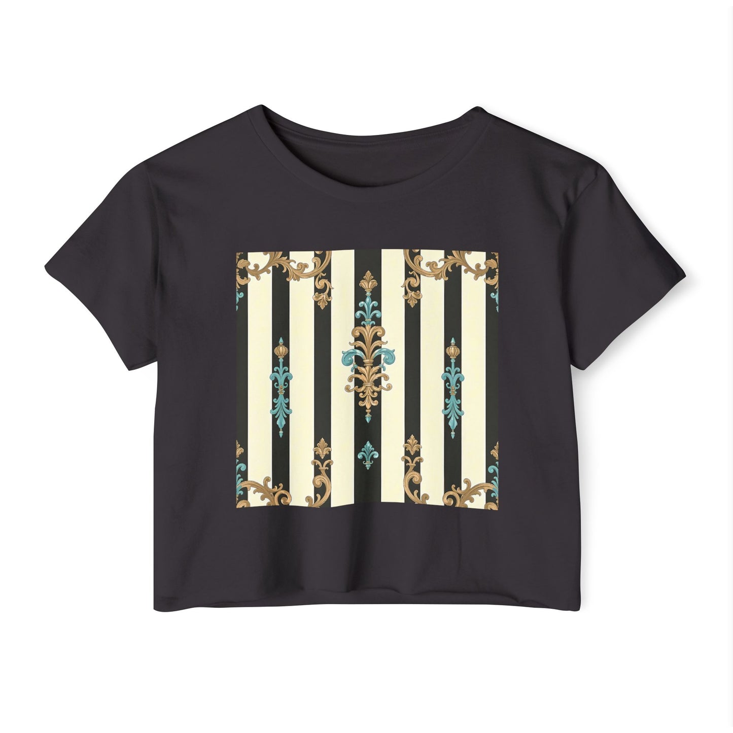 Bohemian Festival Crop Top, Stylish Summer Tee, Casual Day Out Shirt, Trendy Women’s Apparel - Black Striped Turquoise & Black Rococo
