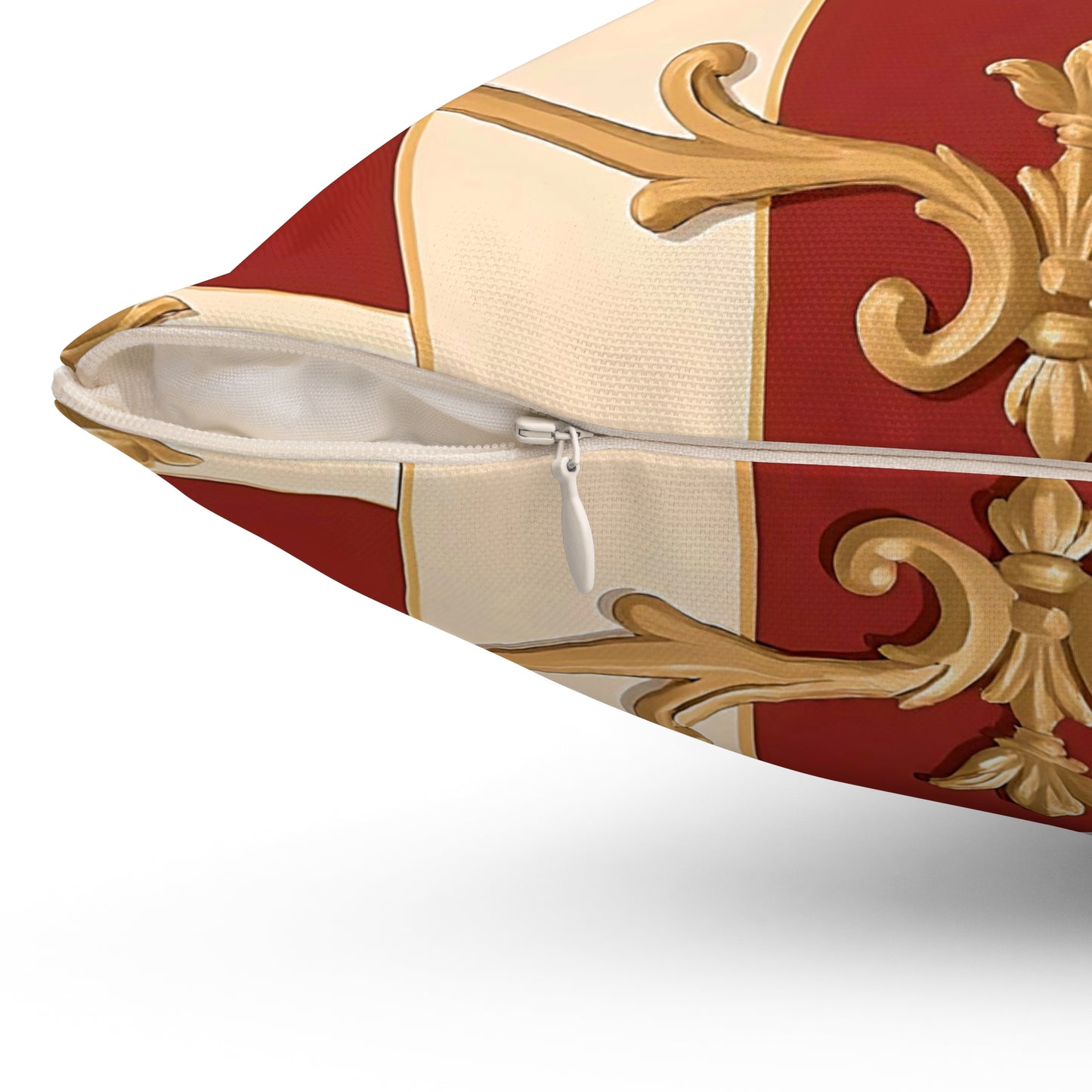 Elegant Vintage-Inspired Square Pillow with Gold Ornate Design - Alabaster & Dusk Orange Striped Baroque