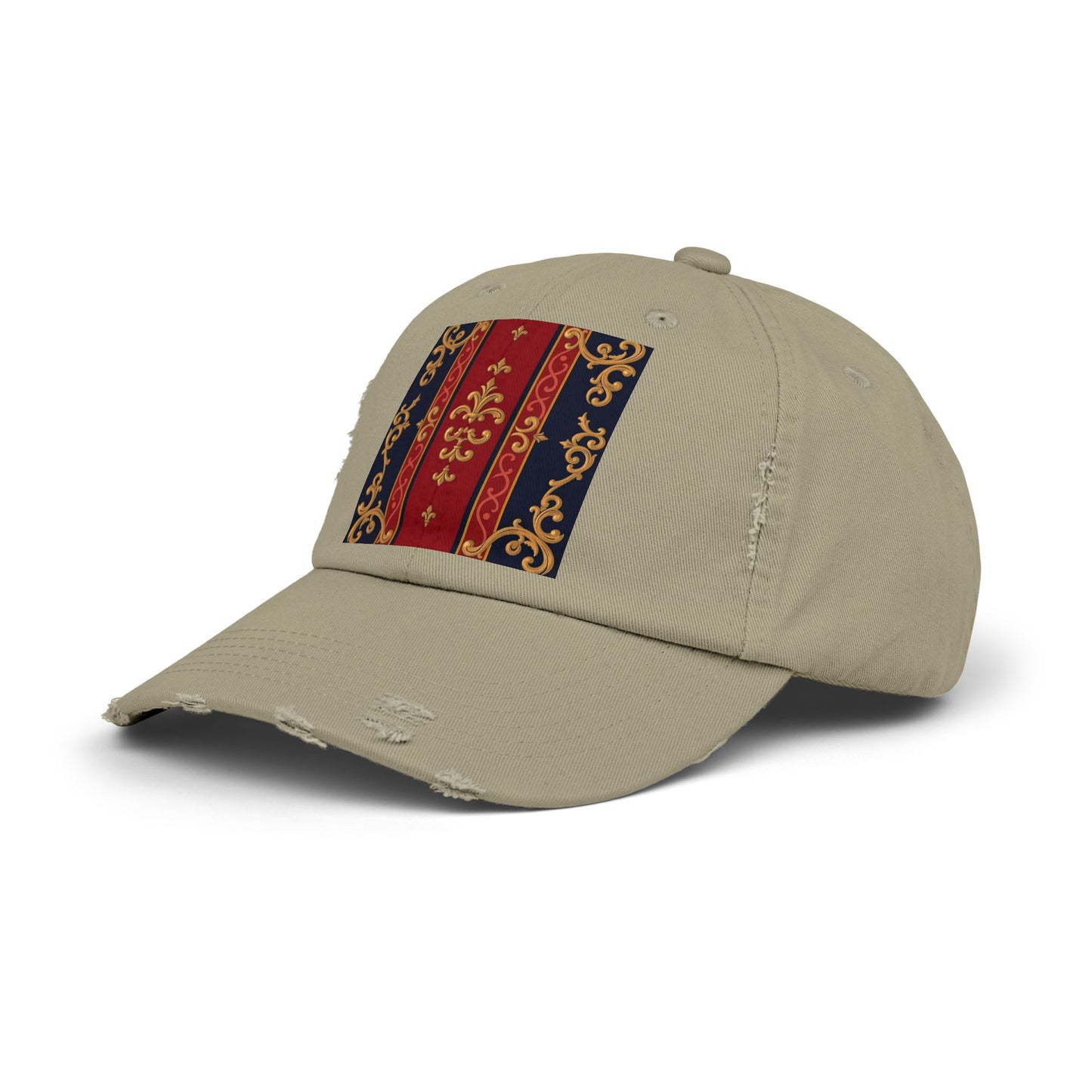 Vintage-Inspired Distressed Cap, Stylish Hat, Perfect Gift for Friends, Fashion Accessory, Unisex Headwear - Midnight Blue & Dusk Red Gold Baroque