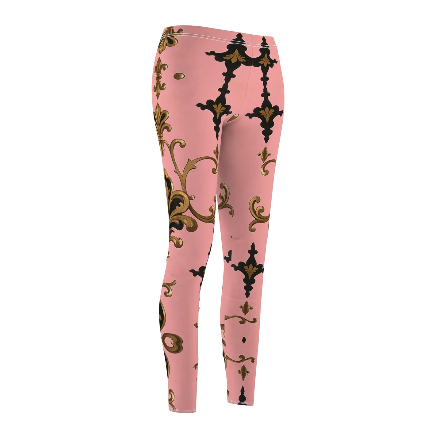 Chic Pink Patterned Casual Leggings, Stylish Workout Leggings, Fashion Leggings, Unique Gift for Her - Pink, Black & Gold Rococo
