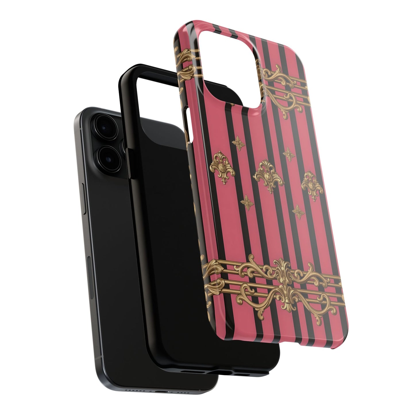 Elegant Floral Phone Cases, Stylish Protective Case for Trendy Individuals, Unique Gift for Tech Lovers, Phone Accessories - Pink Striped Gold Rococo