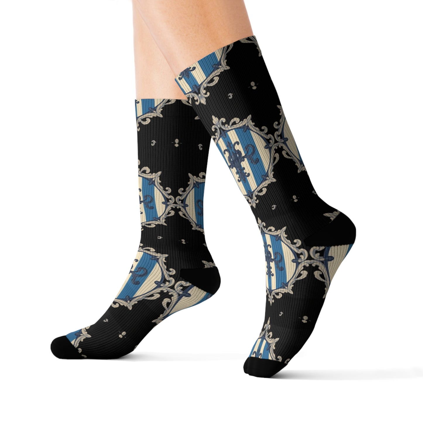 Chic Blue & Alabaster Striped Baroque Patterned Socks for Cozy Fashion, Sublimation Socks, Unique Gift for Her, Stylish Wardrobe Addition