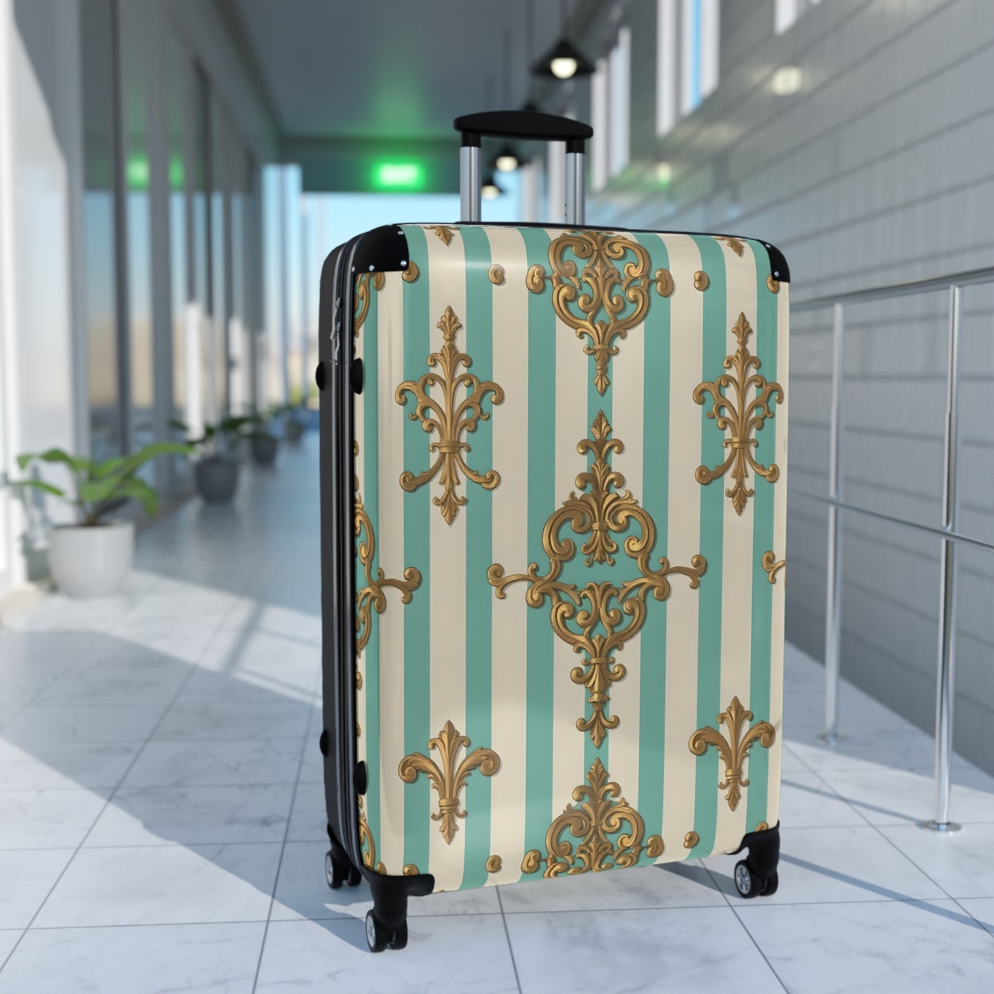 Chic Travel Suitcase, Stylish Luggage, Travel Accessory, Vintage Design Bag, Perfect for Vacation - Matte Green Striped Rococo