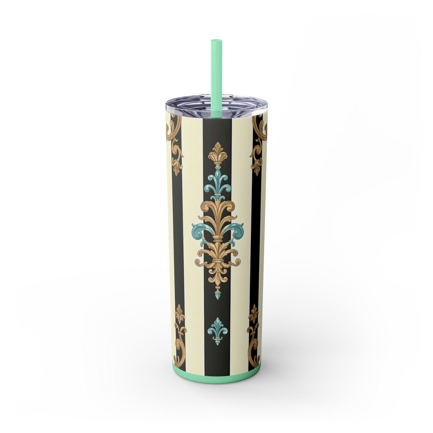 Elegant Stripe Skinny Tumbler | 20oz | Ideal Gift for Home, Office, Travel, Party, or Everyday Use - Black Striped Turquoise & Black Rococo