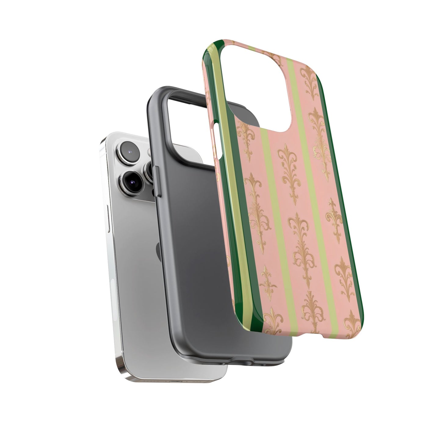 Elegant Floral Motif Phone Case - Tough Cases with Vintage Design - Lime Green & Pink Striped Damask