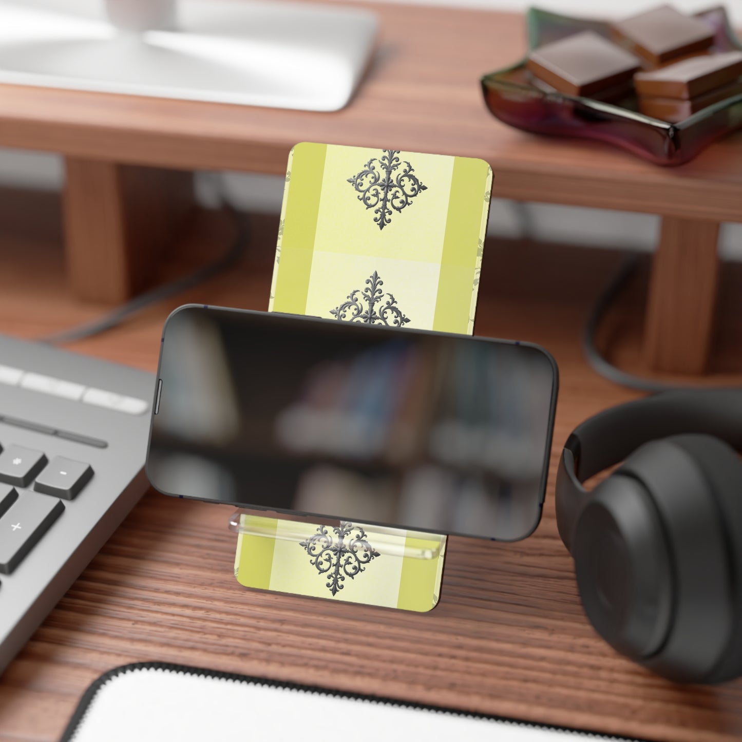 Elegant Floral Smartphone Display Stand - Matte Yellow & Gray Damask - Decorative Mobile Holder
