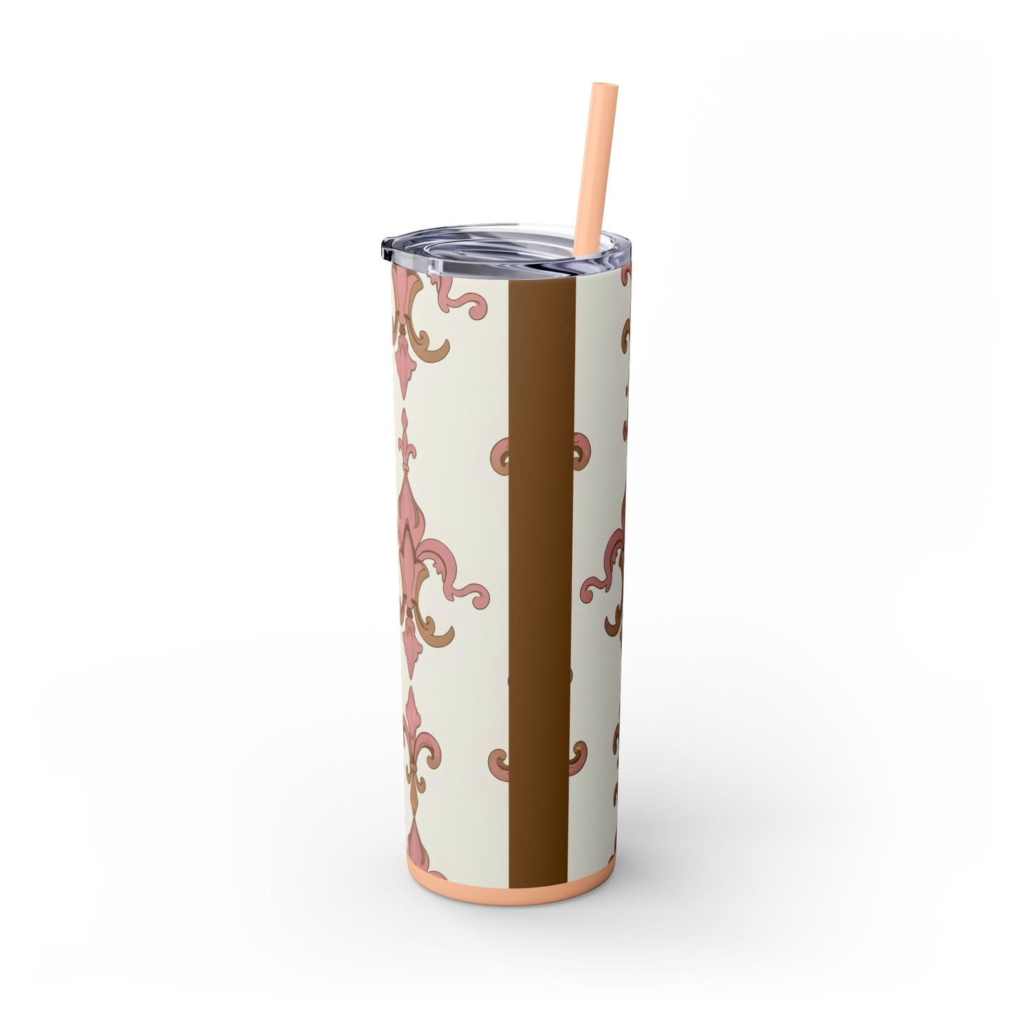 Elegant Floral Skinny Tumbler, 20oz Drinkware, Stylish Travel Mug, Wedding Gift, Personalized Gift, Eco-Friendly Cup - Brown Striped Pink Arabesque