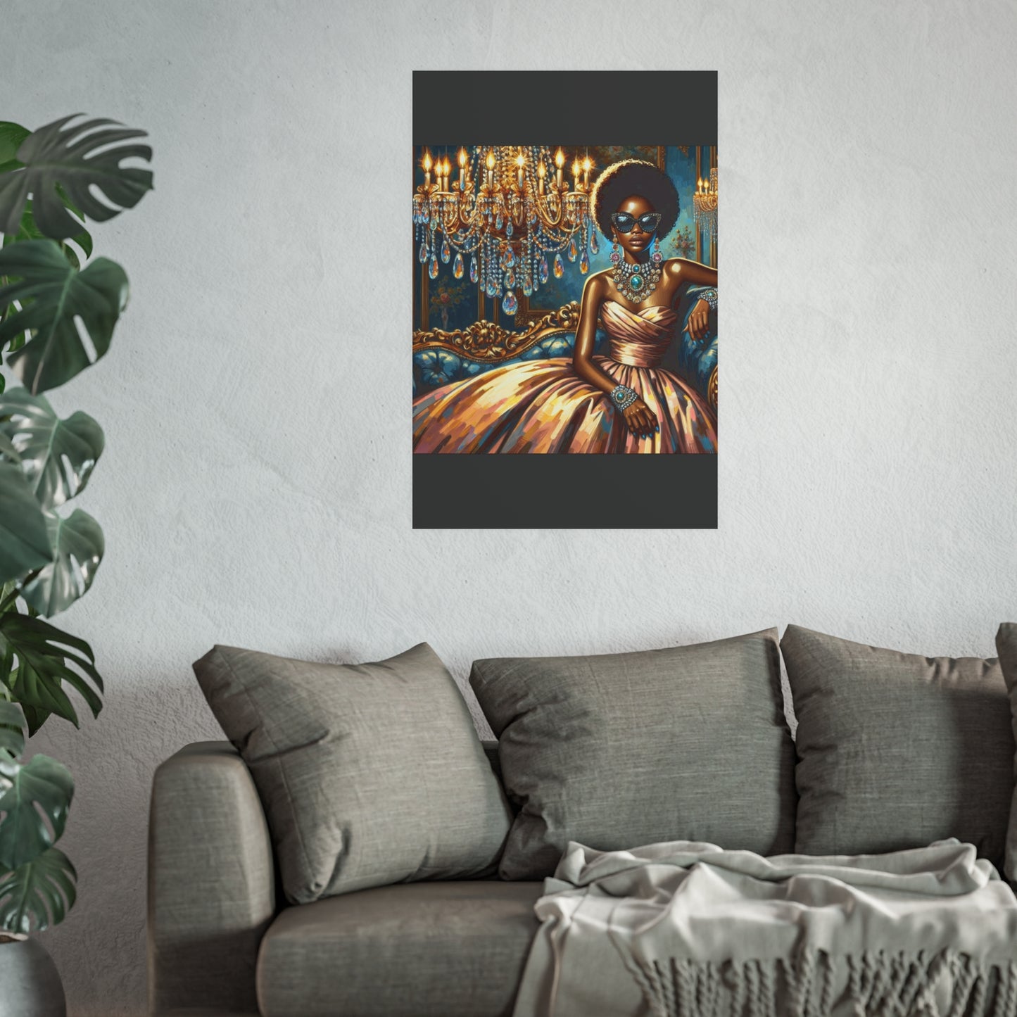 Elegant Glamour Satin Poster, Wall Art Decor, Modern Home Gallery, Gift for Art Lovers, Chic Interior Decoration - Elegant Lady & Chandelier
