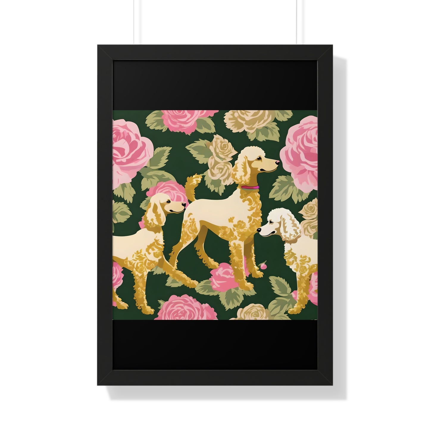 Vertical Poster - Stylish Framed - Art for Home Decor - Poodles In Dark Green & Pink Roses