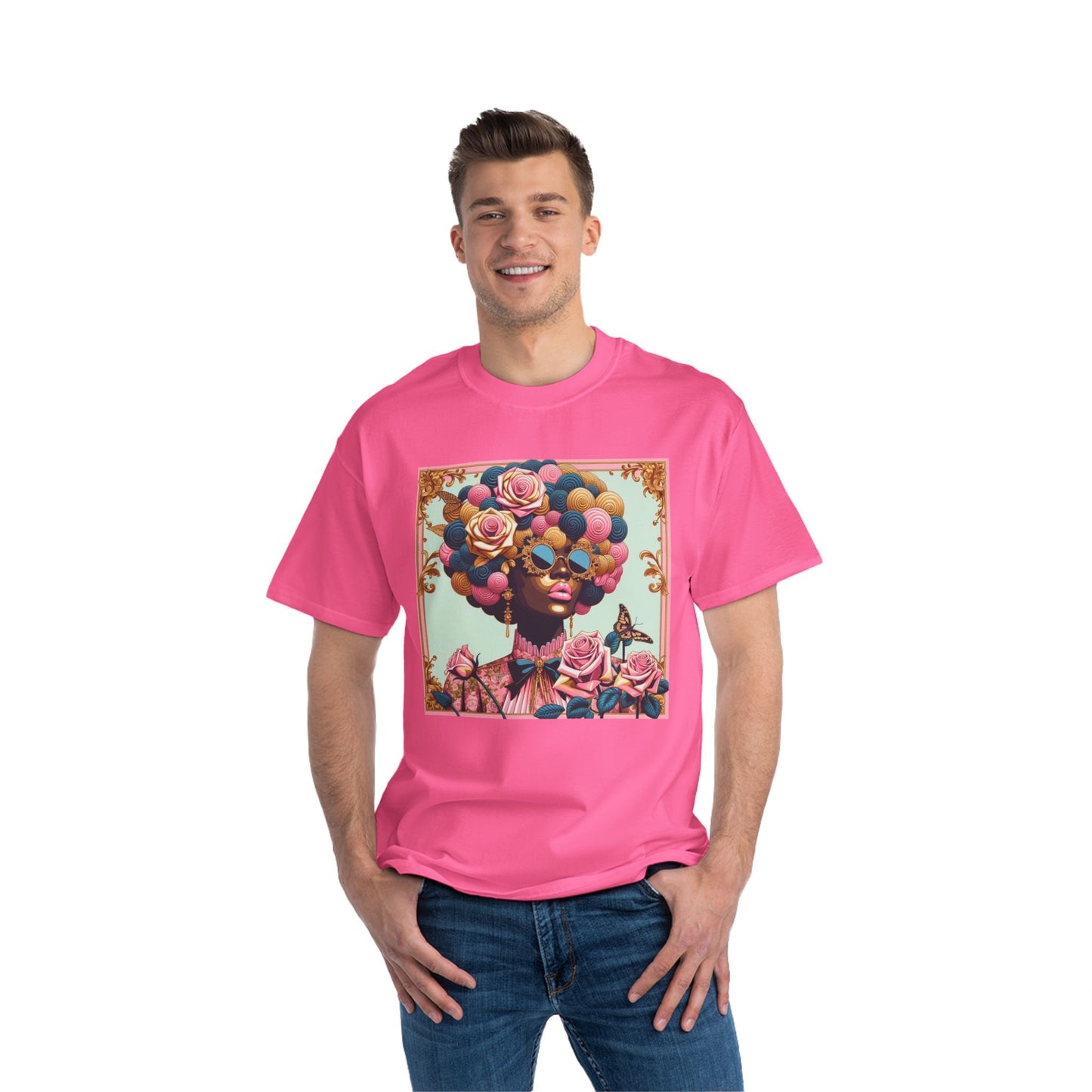 Vibrant Art Tee - Short-Sleeve T-Shirt with Colorful Floral Design, Art Lovers Gift, Trendy Summer Fashion - Lady In Pink Baroque