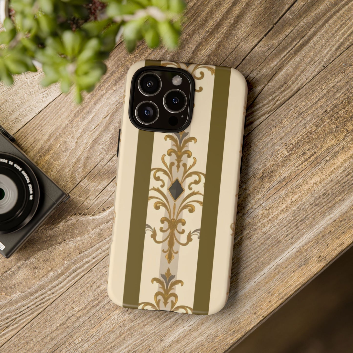 Elegant Floral Motif Phone Case - Tough Cases with Vintage Design - Olive Striped Gold Damask