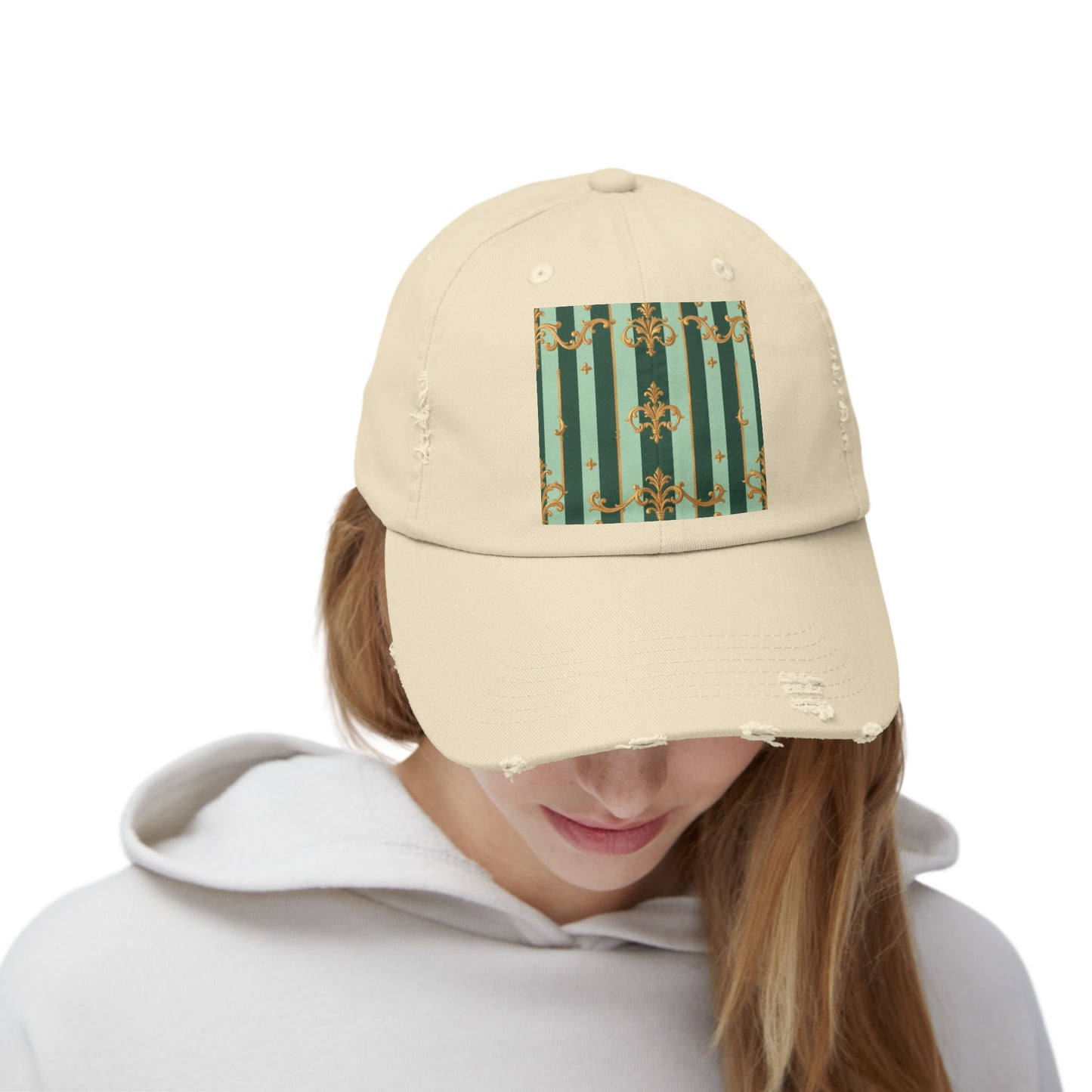 Vintage Chic Unisex Distressed Cap - Fashion Hat, Casual Headwear, Trendy Accessory, Gift for Him/Her - Mint Green & Teal Striped Gold Baroque