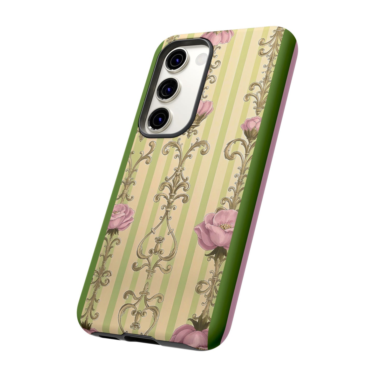 Elegant Floral Motif Phone Case - Tough Cases with Vintage Design - Lime Green & Pink Striped Damask