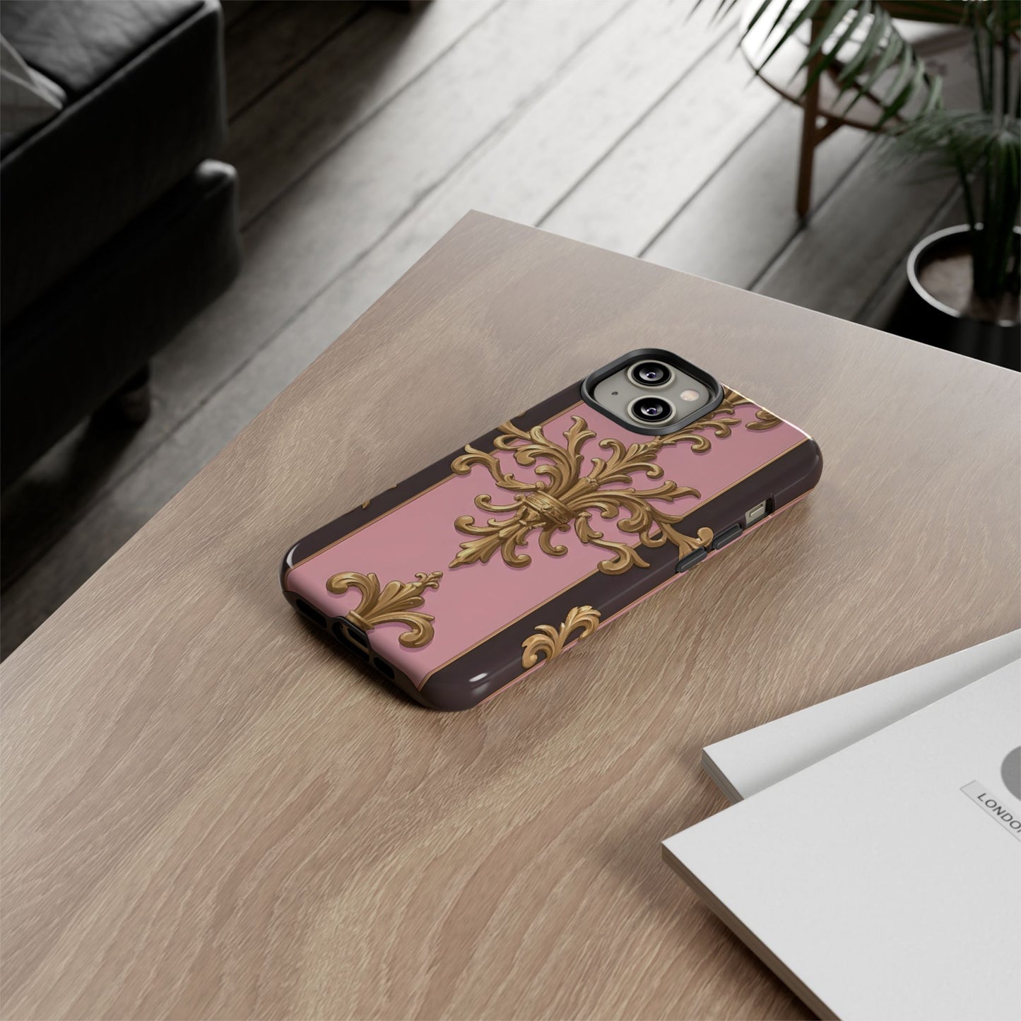 Elegant Floral Motif Phone Case - Tough Cases with Vintage Design - Pink & Brown Striped Gold Damask