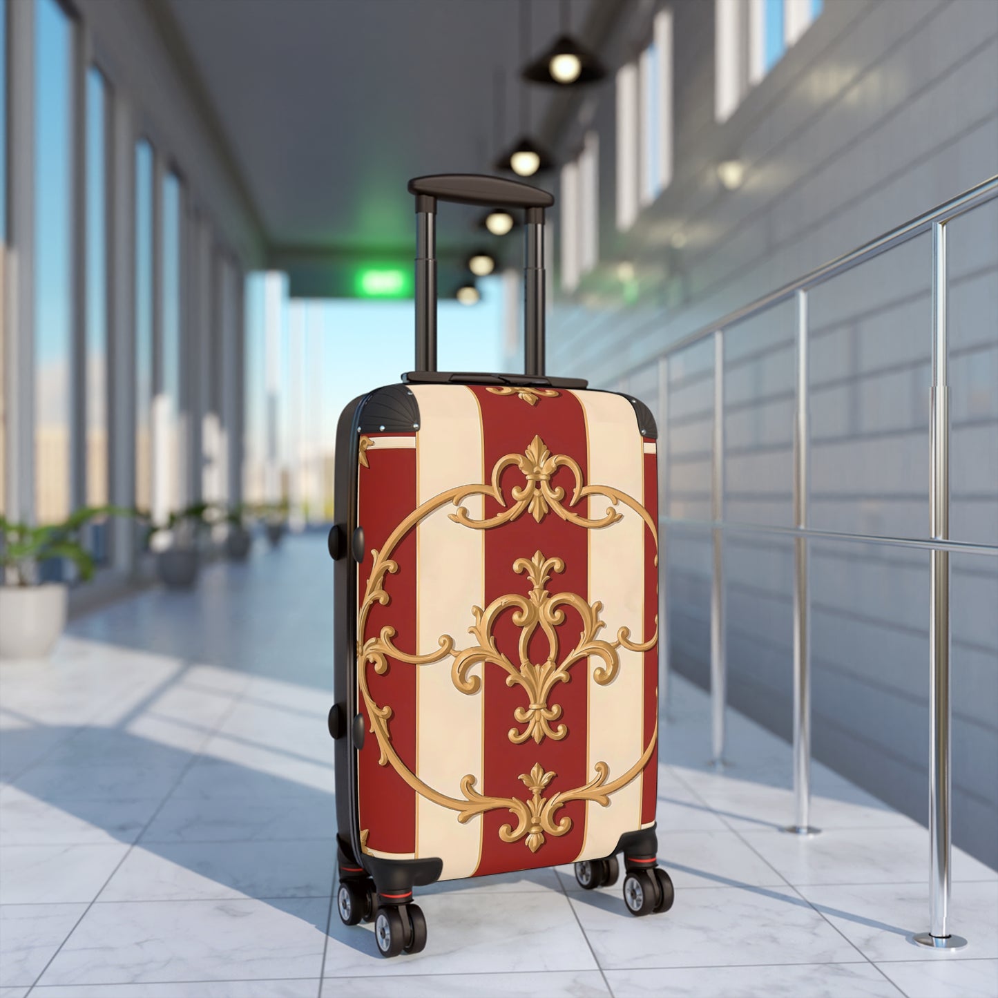 Elegant Travel Suitcase with Vintage Alabaster & Dusk Orange Striped Baroque Design