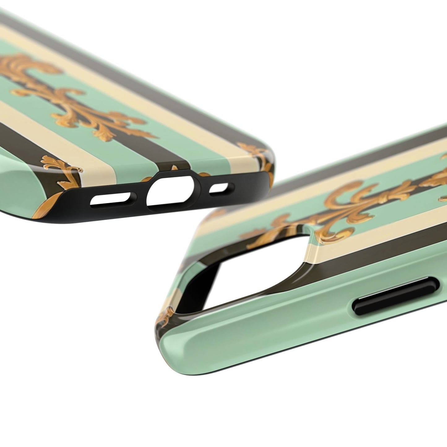 Elegant Floral Tough Phone Cases - Stylish Protection for All Occasions, Gifts for Her, Phone Covers - Black & Matte Mint Striped Rococo