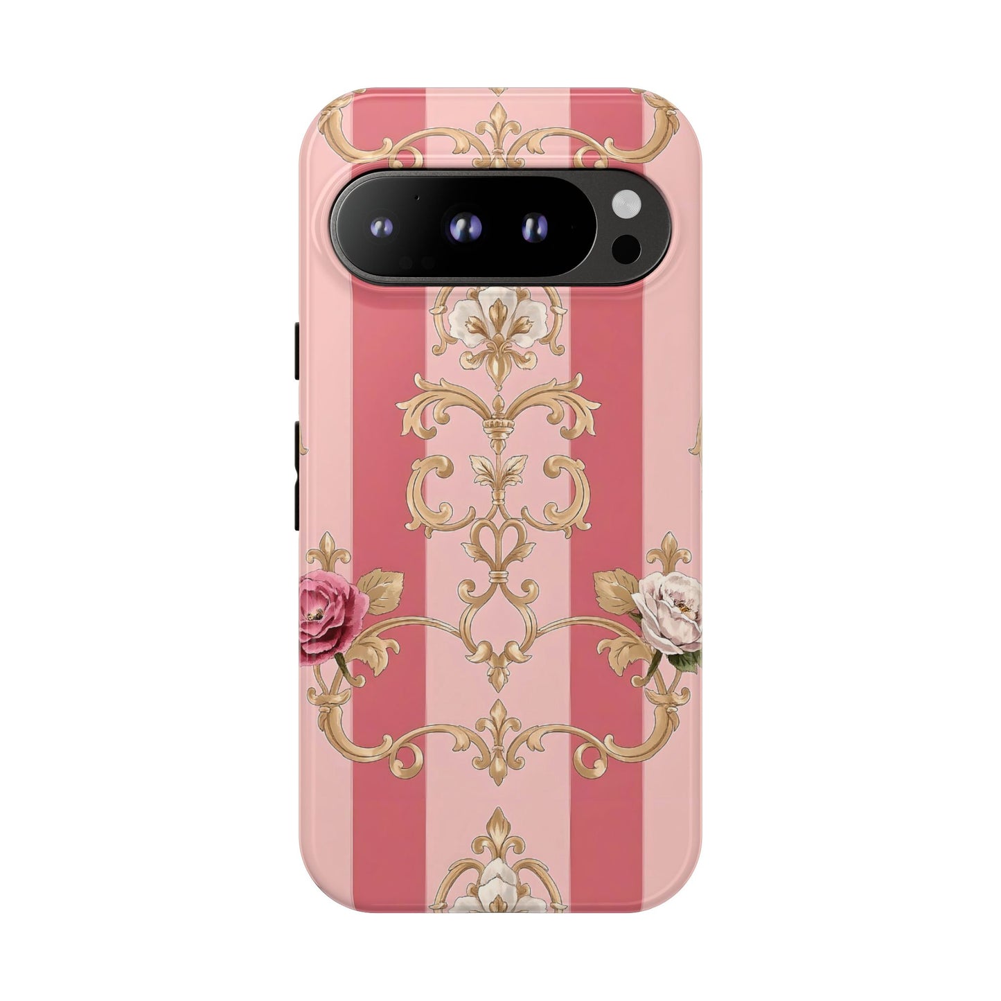 Elegant Floral Motif Phone Case - Tough Cases with Vintage Design - Pink Striped Roses & Damask