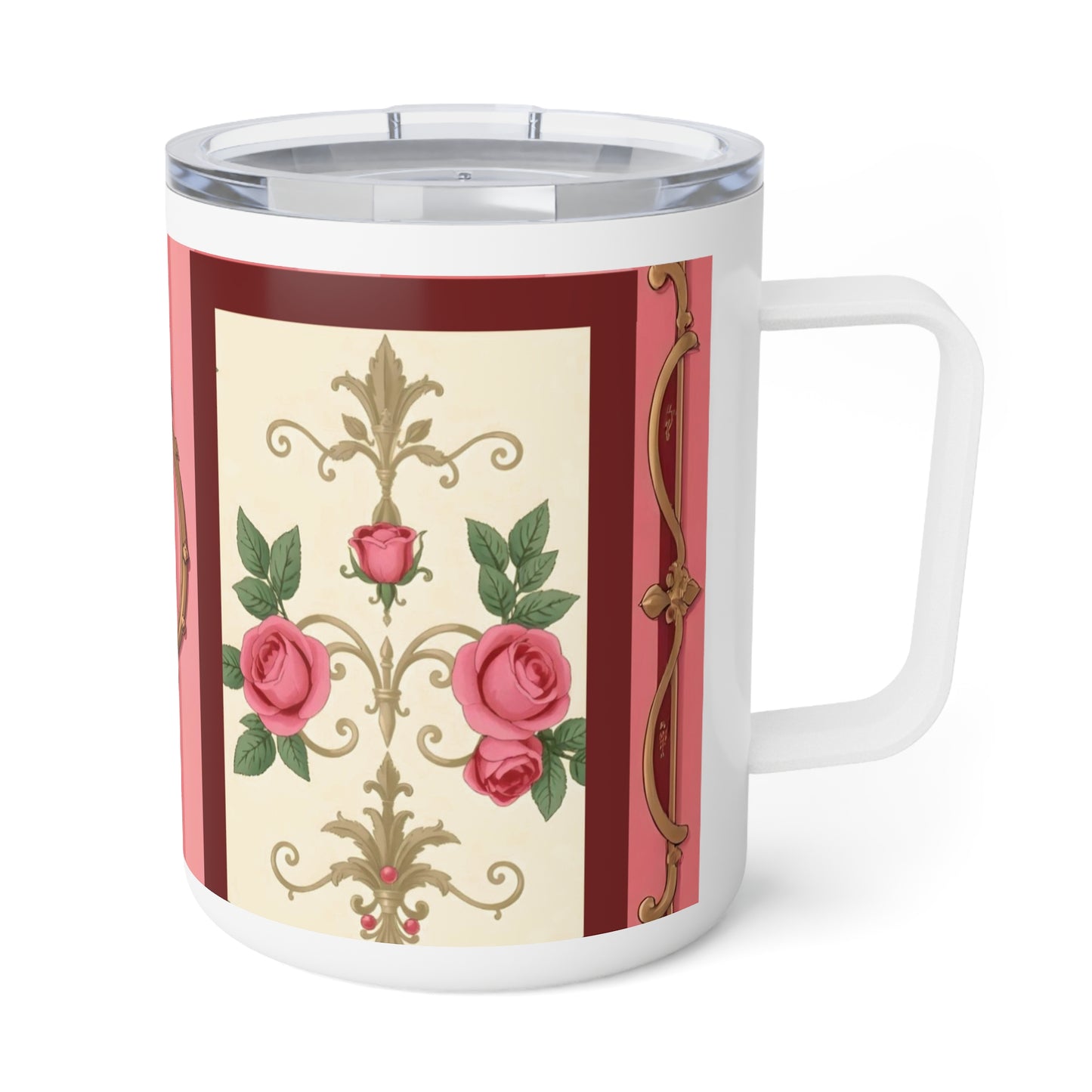 Elegant Floral Insulated Coffee Mug - 10oz Travel Cup for Tea Lovers - Pink Striped Baroque & Roses