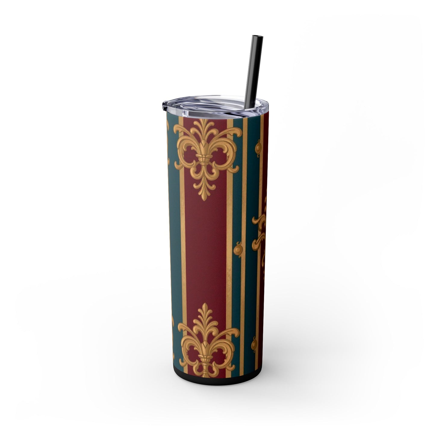 Elegant Vintage Skinny Tumbler with Straw, 20oz | Gold & Burgundy Design | Travel Mug, Gift for Her - Burgundy Striped Gold Baroque