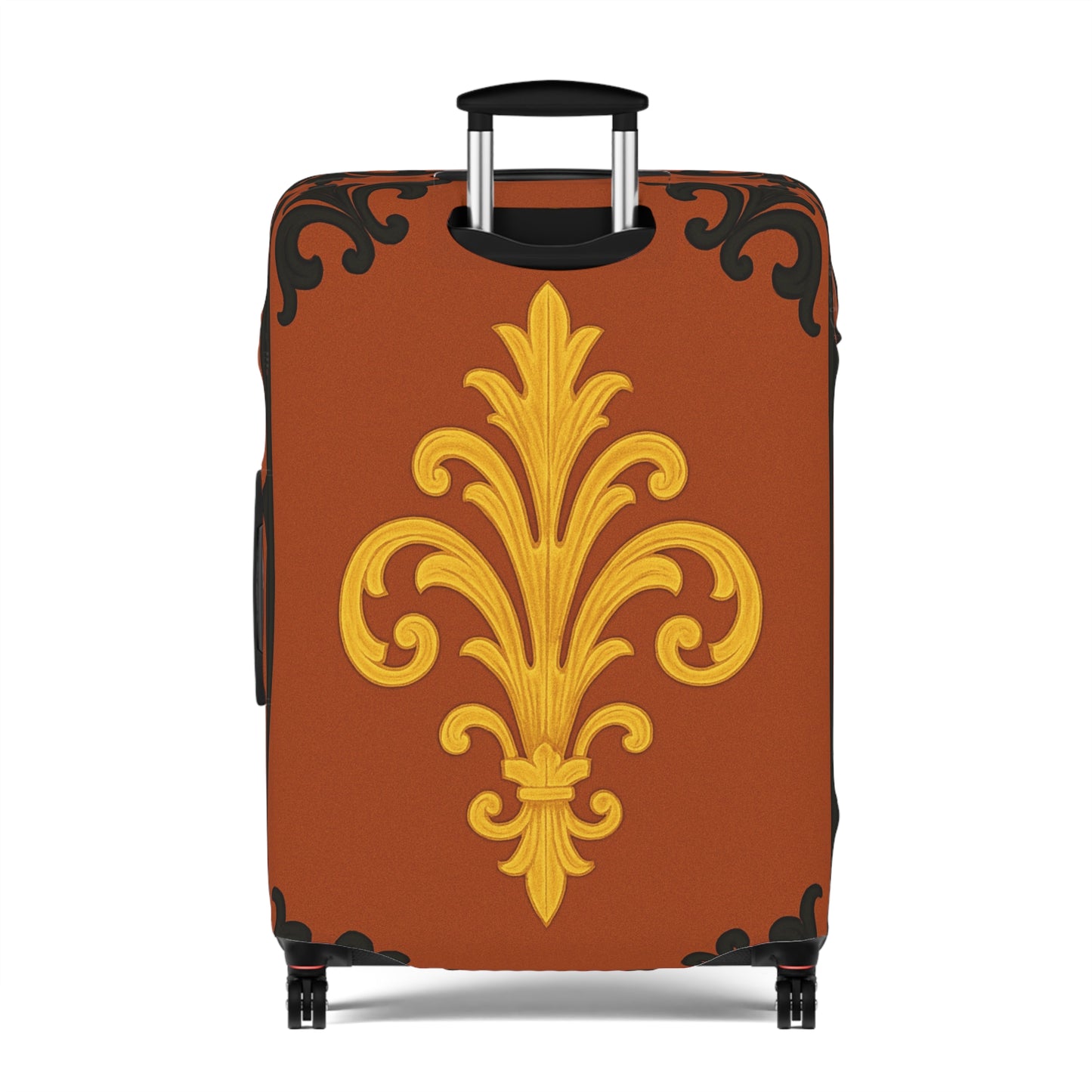 Dusk Terracotta Baroque - Vintage Gold Baroque Design Luggage Cover — Elegant Golden Scroll Travel Protector