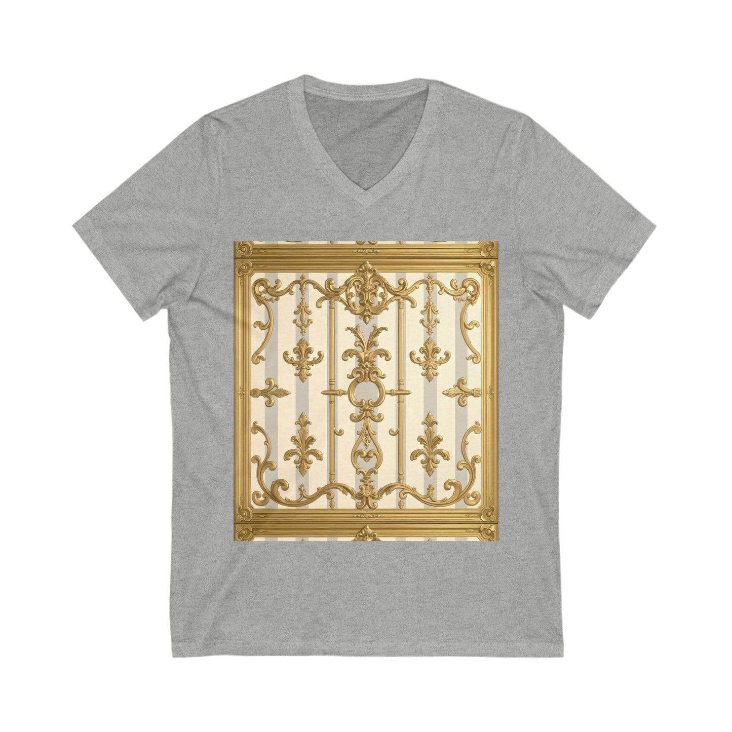 Elegant Gold Baroque V-Neck Tee for Art Lovers, Fashion Gift, Casual Wear, Summer Style