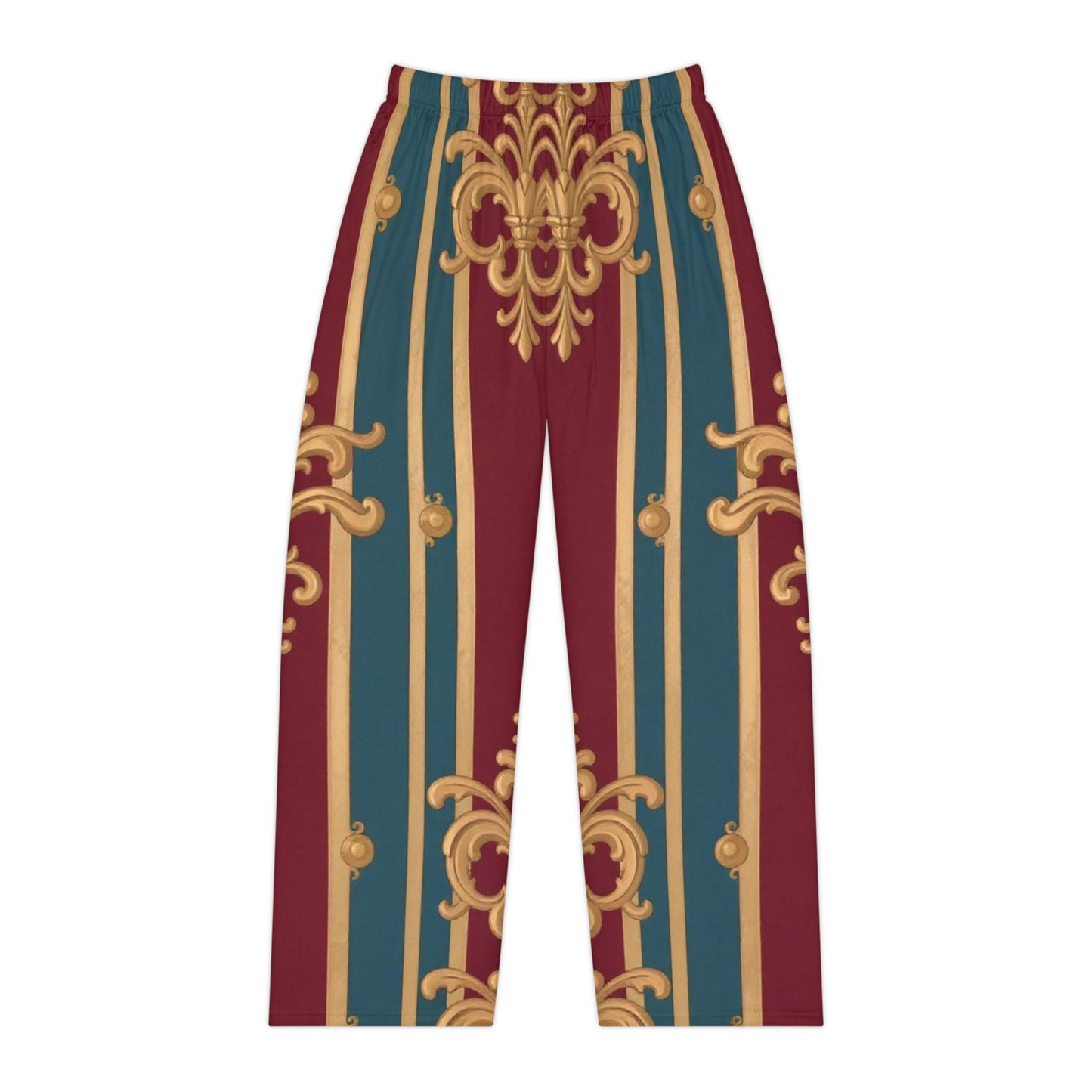 Luxurious Women's Pajama Pants, Cozy Sleepwear, Elegant Lounge Wear, Perfect for Relaxation, Gifts for Her - Burgundy Striped Gold Baroque
