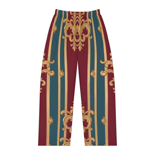 Luxurious Women's Pajama Pants, Cozy Sleepwear, Elegant Lounge Wear, Perfect for Relaxation, Gifts for Her - Burgundy Striped Gold Baroque