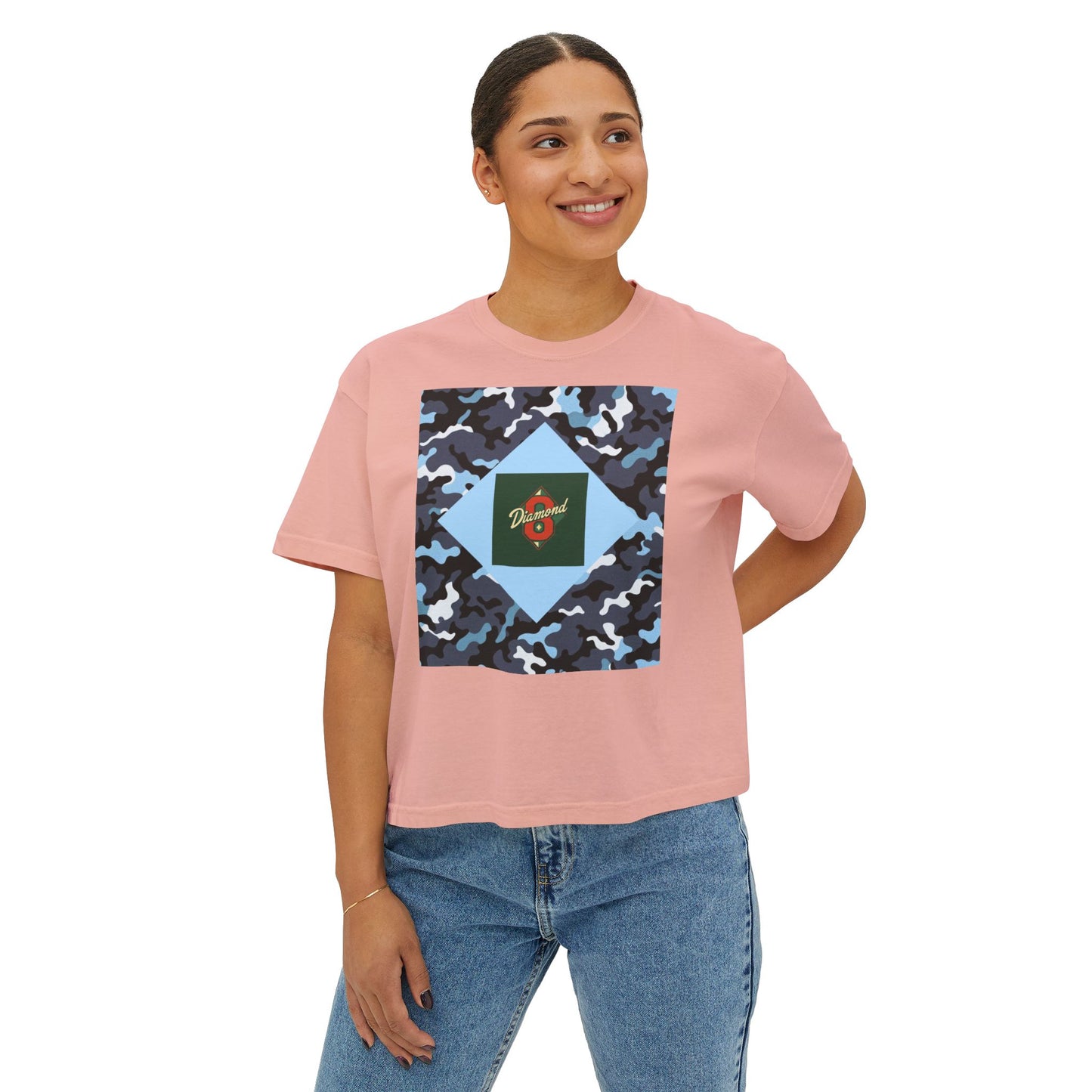 Camouflage Women's Boxy Tee, Casual Outfit, Relaxed Style Tee, Everyday Wear, Gift for Her, Comfortable Top - Blue Camo Diamond 8