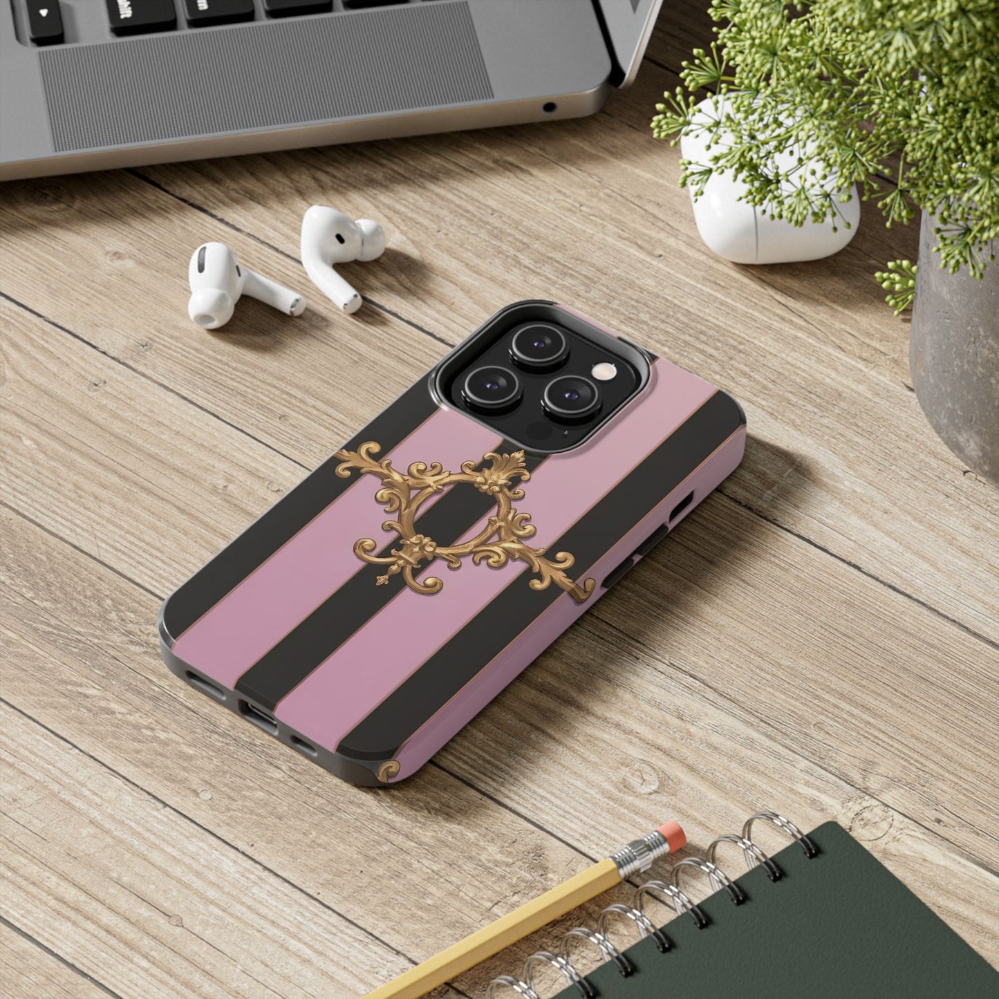 Stylish Tough Phone Case for Elegant Protection, Fashionable Accessories, Smartphone Cover - Matte Lavender & Black Striped Gold Baroque