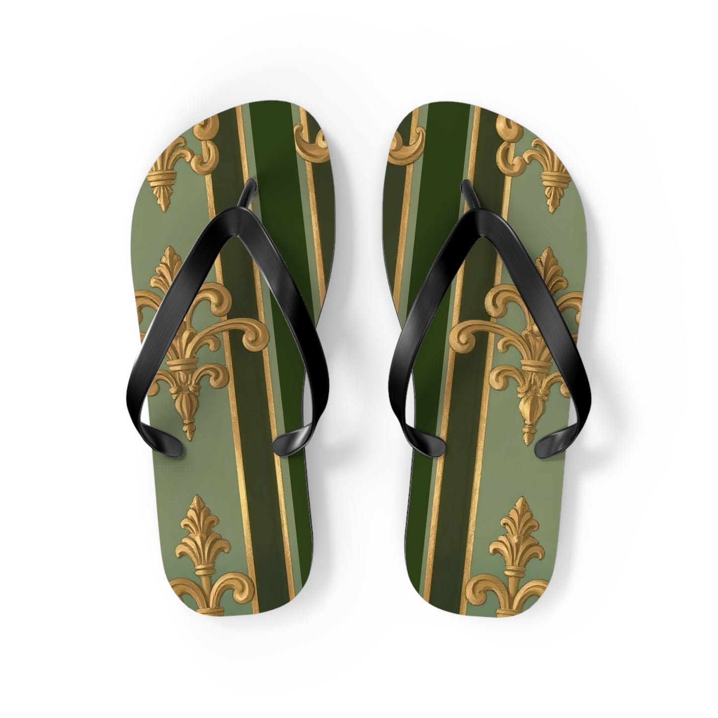Elegant Vintage Flip Flops for Summer, Casual Sandals, Beachwear, Vacation Footwear, Summer Parties - Green Striped Gold Baroque