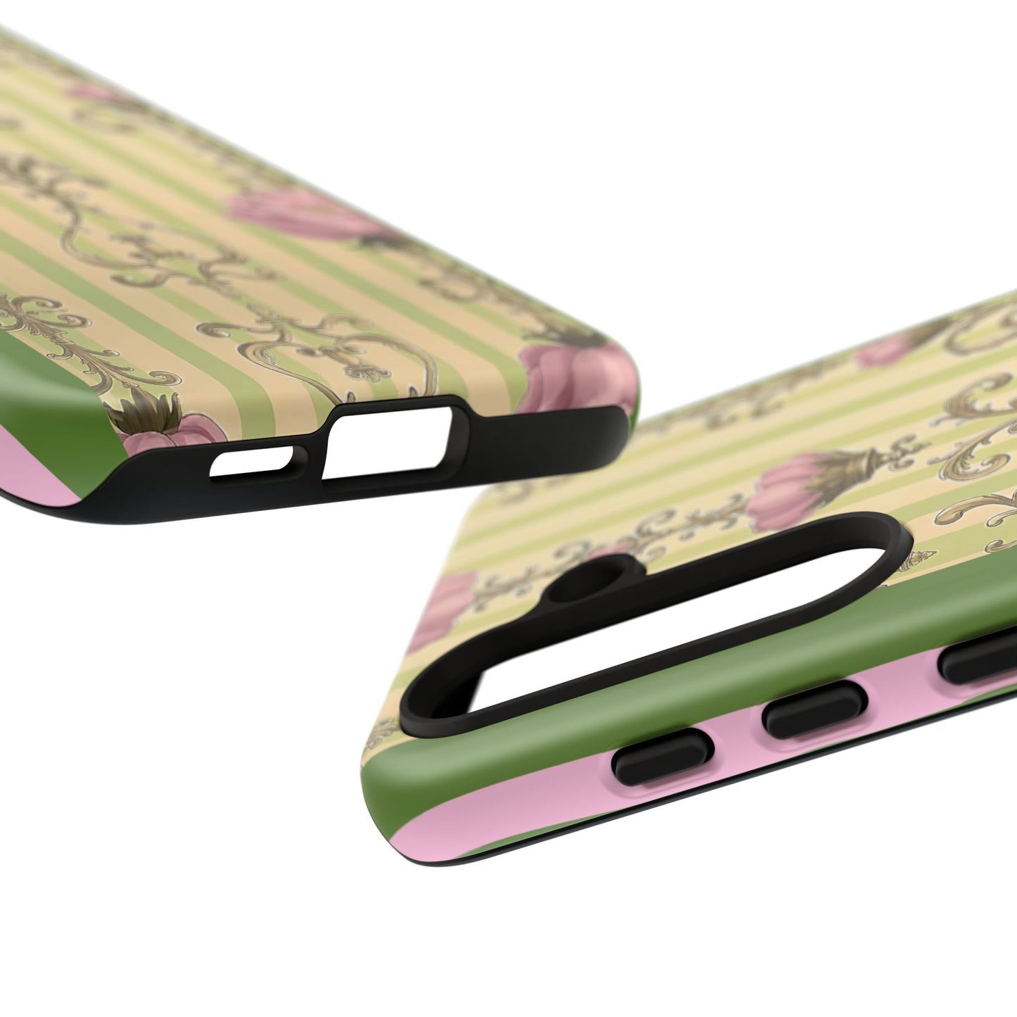 Elegant Floral Motif Phone Case - Tough Cases with Vintage Design - Lime Green & Pink Striped Damask