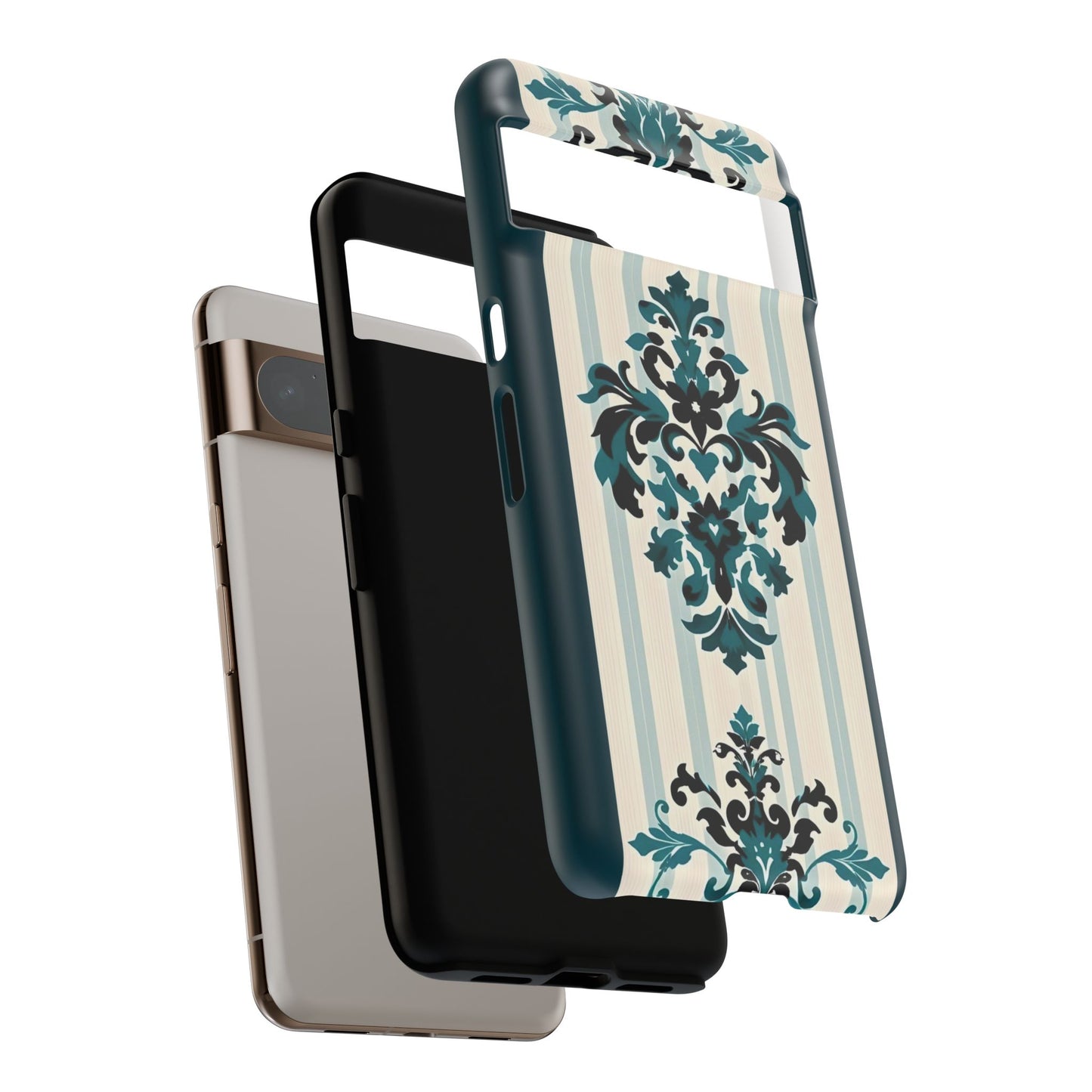Elegant Floral Phone Case - Tough Cases with Vintage Design - Teal Striped Damask