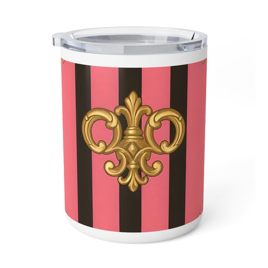 Chic Insulated Coffee Mug - Elegant Gold Design, Perfect Gift for Tea Lovers, Stylish Travel Mug - Pink & Black Striped Gold Baroque
