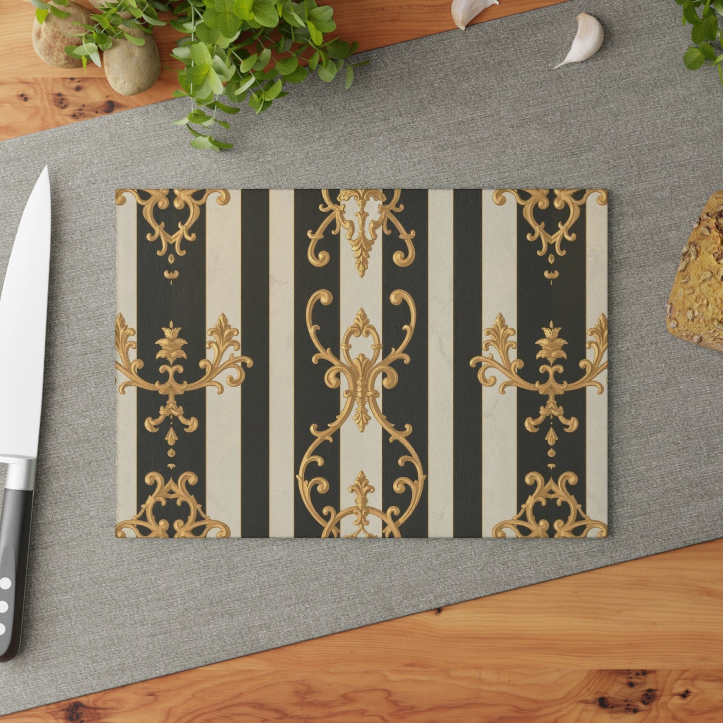 Elegant Black and Alabaster Striped Baroque Glass Cutting Board with Gold and Black Design, Kitchen Decor, Gift for Chefs, Wedding Present