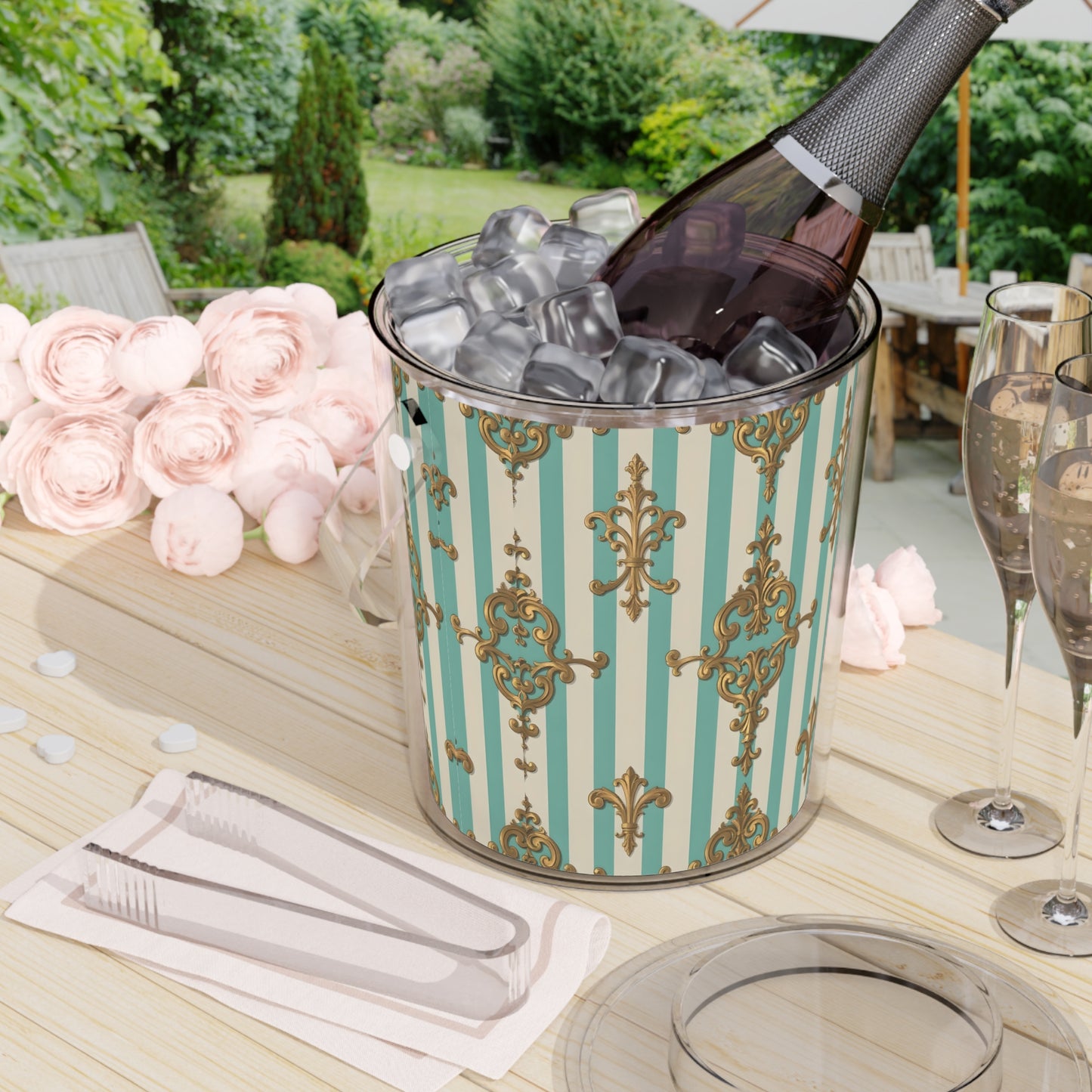 Elegant Decorative Ice Bucket with Tongs, Party Barware, Wedding Gift, Home Décor, Cocktail Accessory - Matte Green Striped Rococo