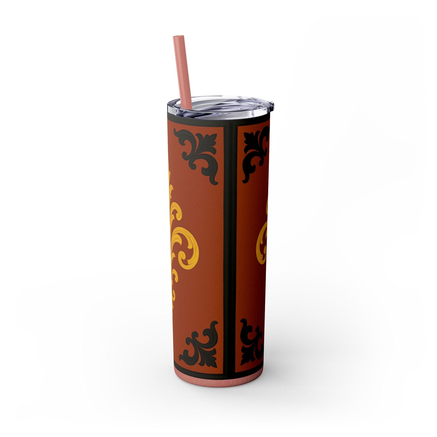 Dusk Terracotta Baroque 20oz Skinny Tumbler with Straw — Vintage Gold Baroque Design