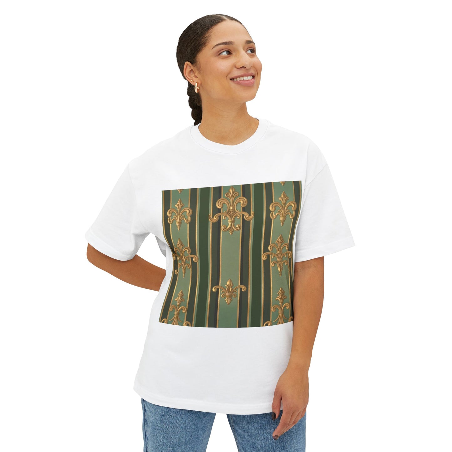 Elegant Vintage-Inspired Boxy Tee, Relaxed Fit Graphic T-Shirt, Floral Design Top, Perfect for Casual Outings - Green Striped Gold Baroque