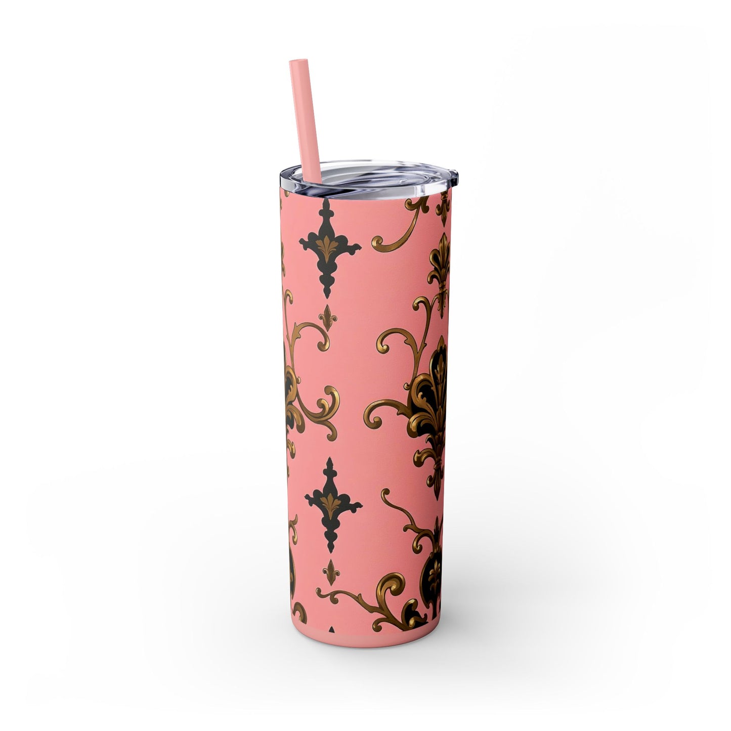 Elegant Pink Damask Skinny Tumbler, 20oz Drinkware, Stylish Reusable Cup, Travel Mug, Gift for Her, Home Decor - Pink, Black & Gold Rococo