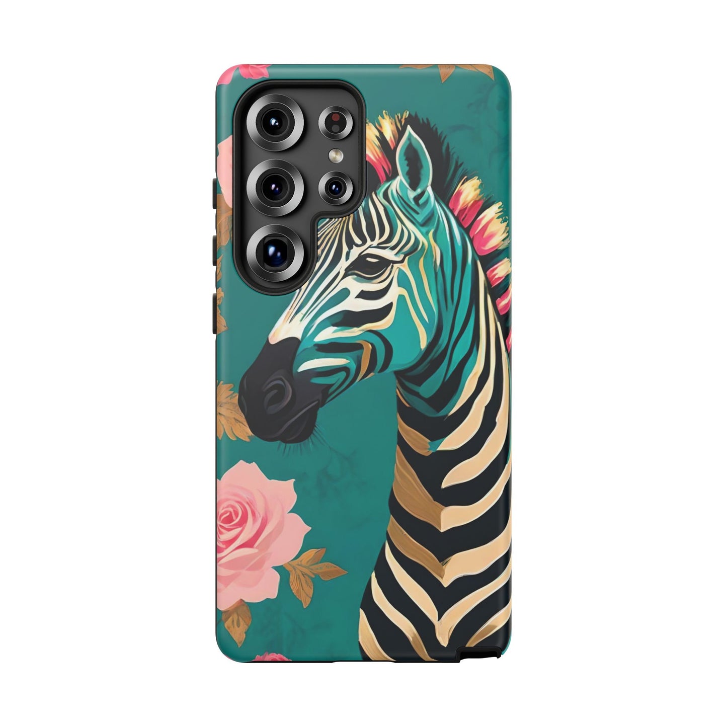 Phone Case - Elegant Teal & Gold Zebra & Roses Design