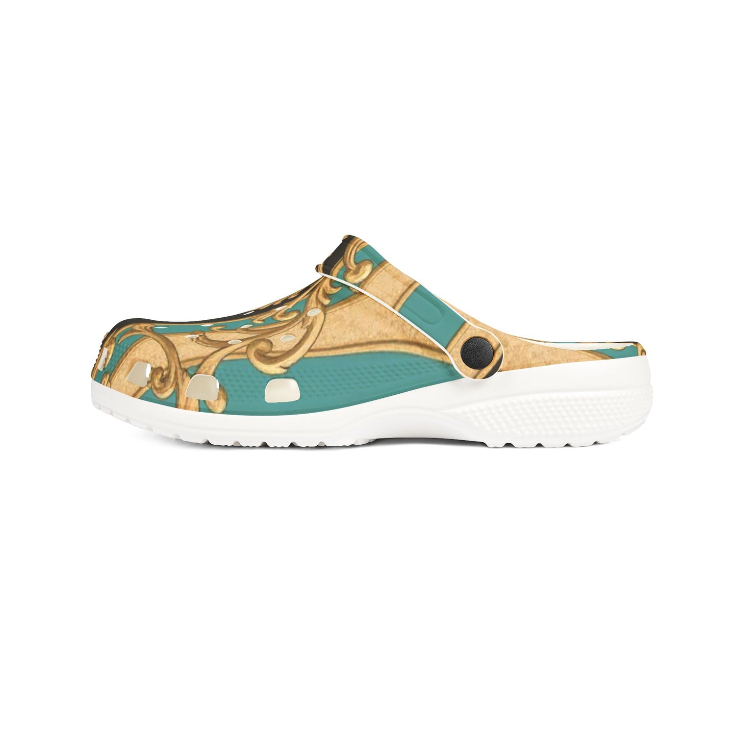 Stylish Black, Tan & Ocean Green Striped Gold Baroque  EVA Foam Rubber Clogs, Trendy Garden Shoes, Fashionable Slip-Ons