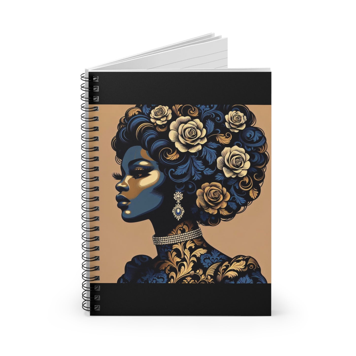 Elegant Vintage Spiral Notebook - Ruled Line with Blue Damask Lady