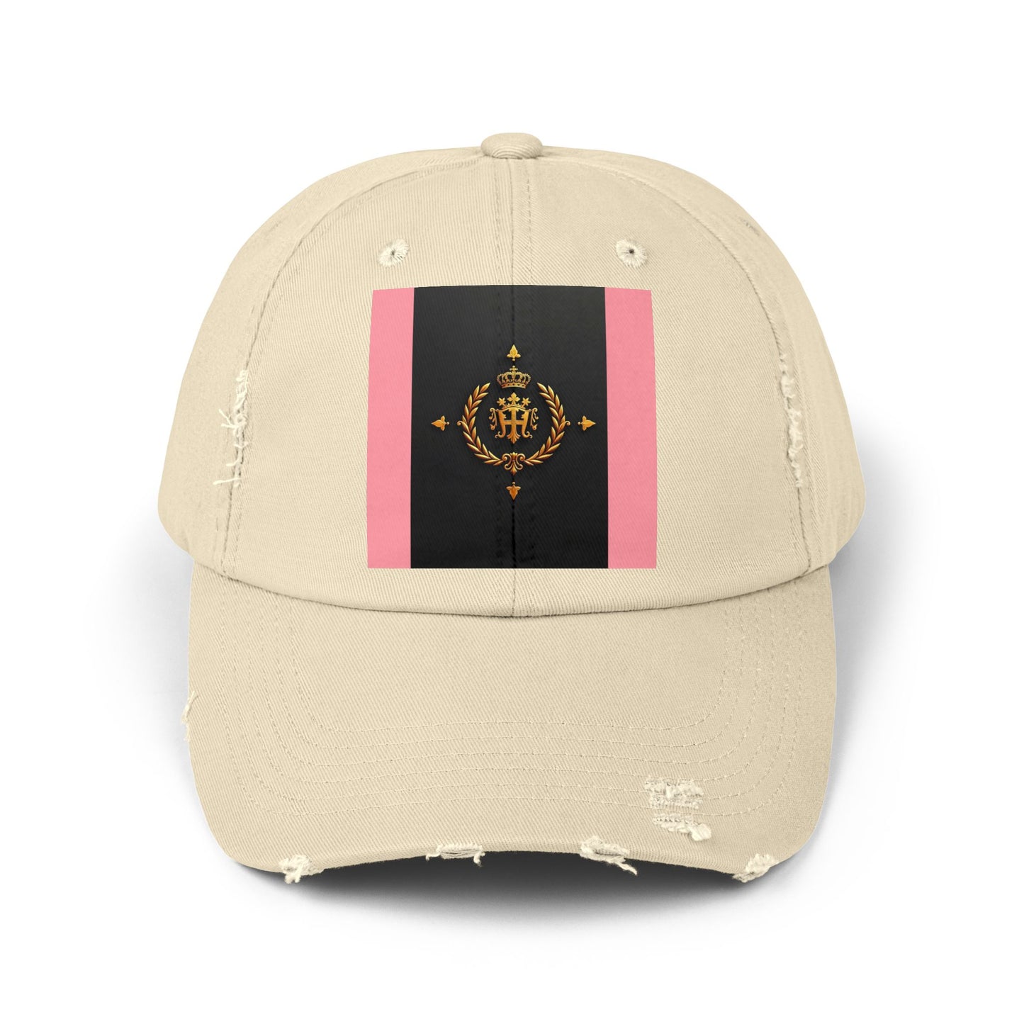 Stylish Unisex Distressed Cap with Trendy Design, Casual Accessories for Everyday Wear, Fashion Statement Cap - Pink Striped Gold Crest