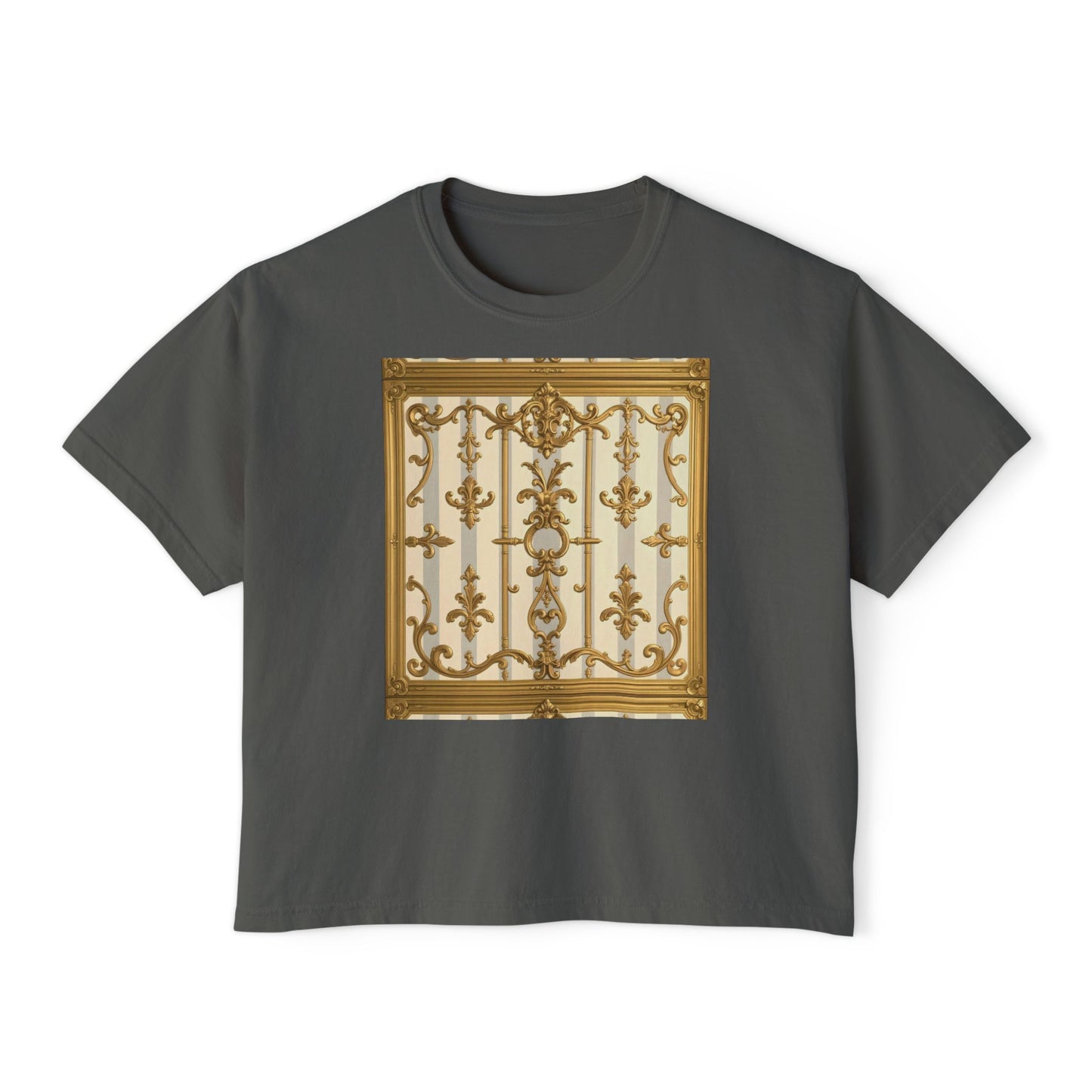Chic Women's Boxy Tee with Elegant Gate Design, Stylish Casual Wear, Summer Tee, Gift for Her - Matte Gray & Cream Striped Gold Baroque