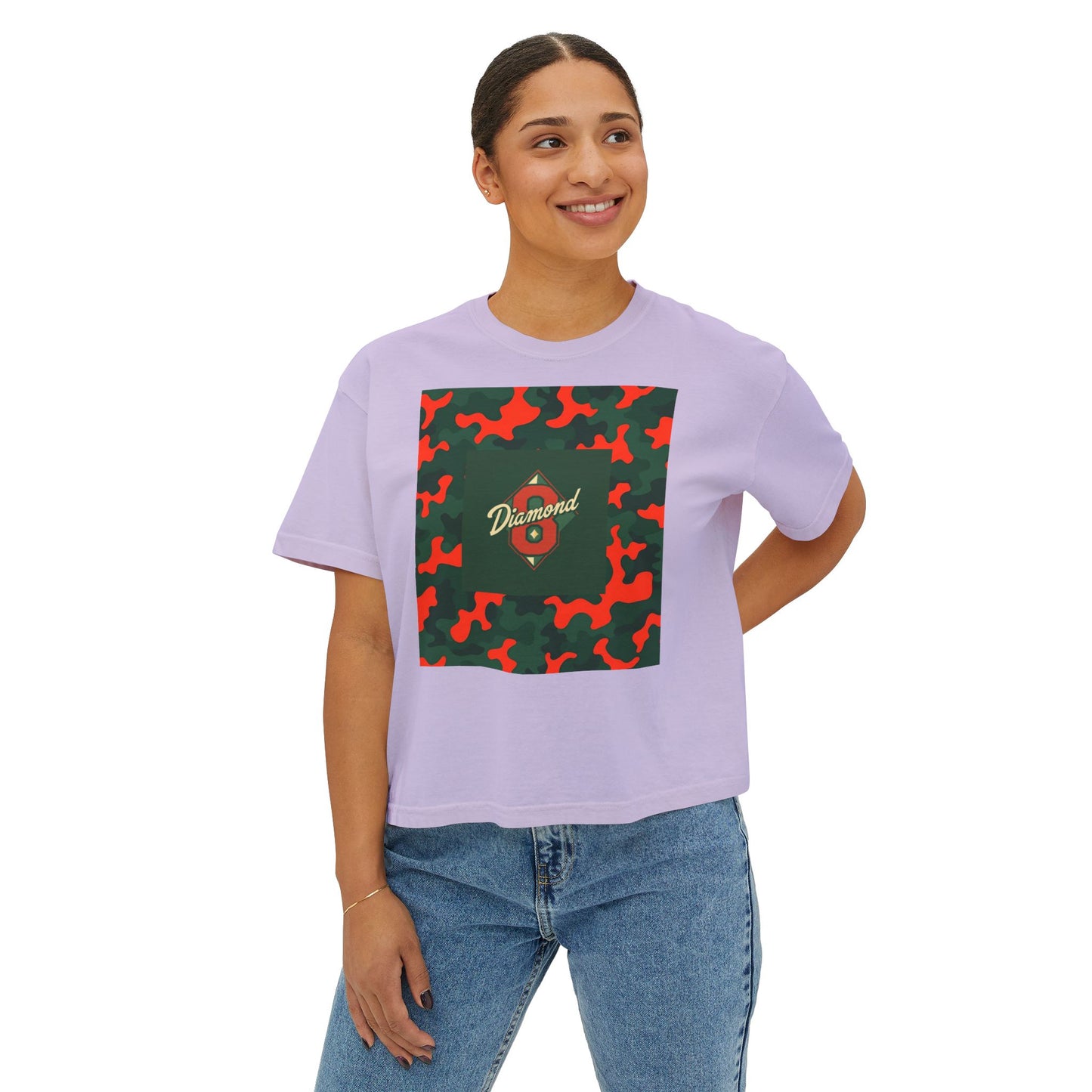 Stylish Women's Boxy Tee - Trendy Camo Print, Casual Summer Wear, Gift for Her, Streetwear Top - Green & Orange Camo Diamond 8
