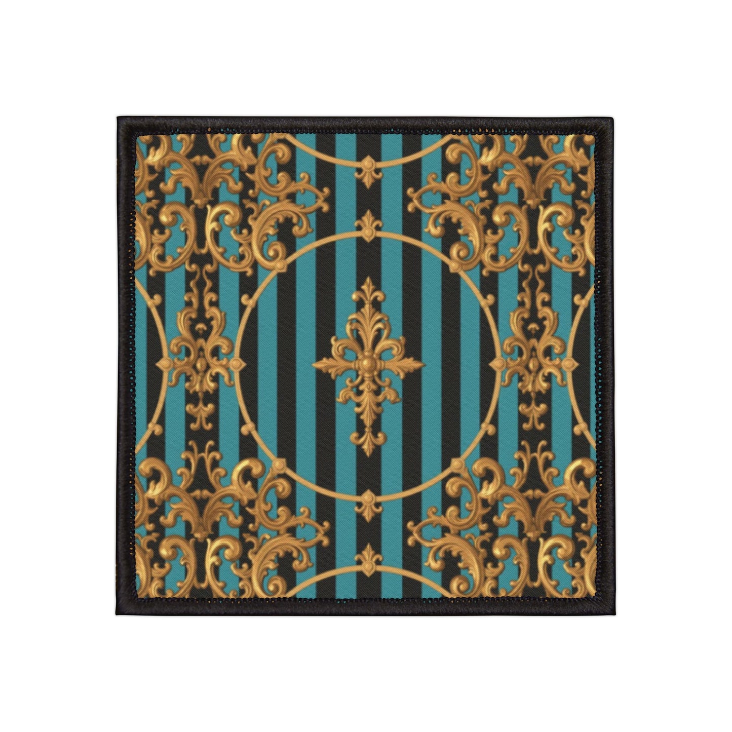 Turquoise & Black Striped Gold Baroque Iron-On Patches for Jackets, Bags, and DIY Projects | Retro Fashion, Unique Gifts