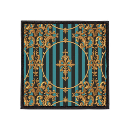 Turquoise & Black Striped Gold Baroque Iron-On Patches for Jackets, Bags, and DIY Projects | Retro Fashion, Unique Gifts