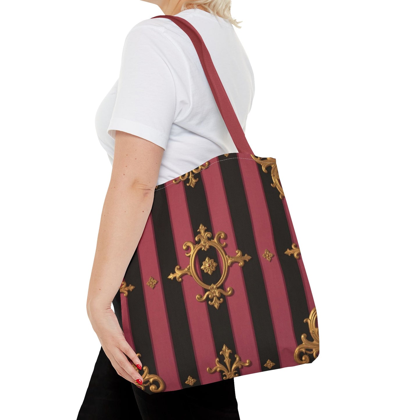 Elegant Black & Mauve Striped Gold Baroque Tote Bag - Chic Fashion Accessory, Shopping Companion, Decorative Carryall, Stylish Everyday Use
