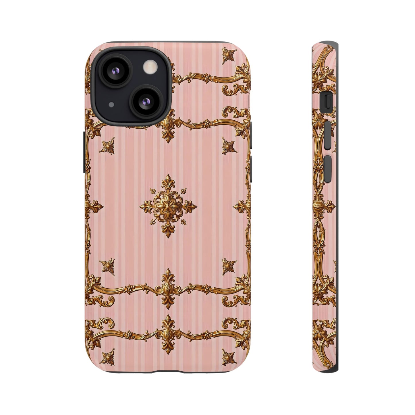 Elegant Floral Phone Case, Tough Cases for Women, Trendy Phone Cover, Chic Gift - Pink Striped Gold Baroque